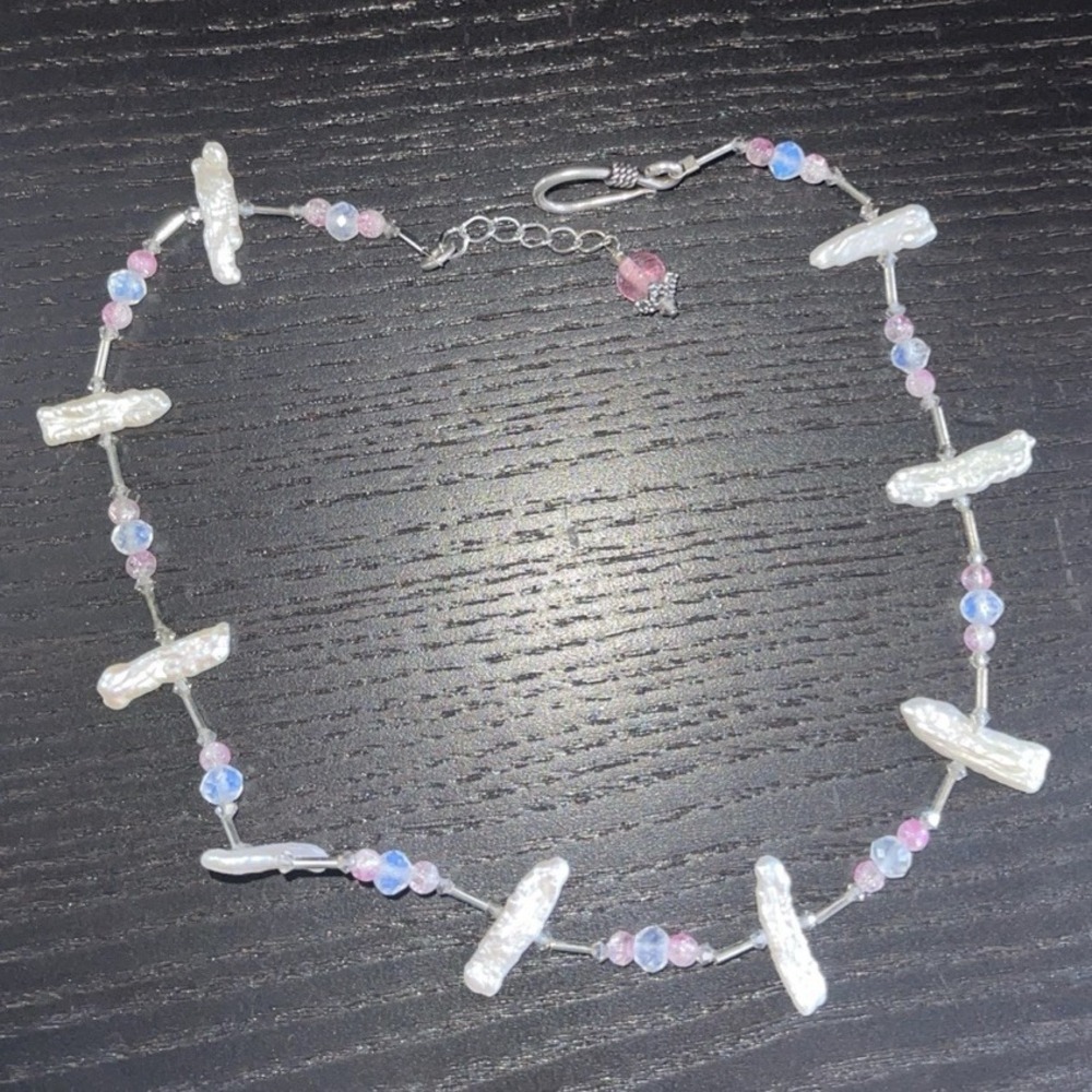 Vintage Sterling Silver Freshwater‎ Pearl Necklace Pink Blue Beads